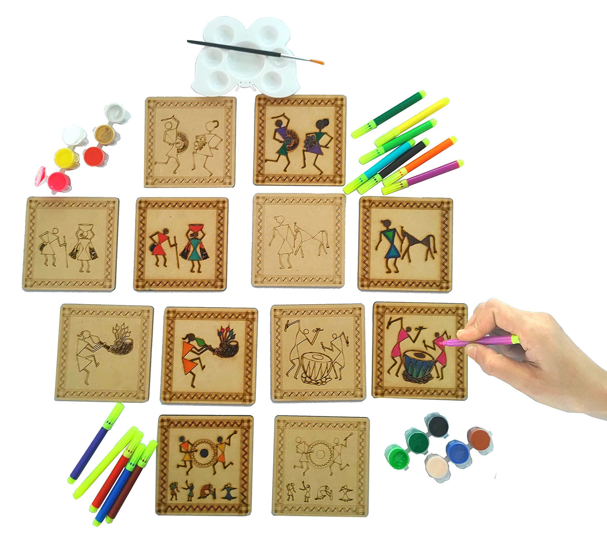 Warli Coaster Painting Kit A – 6 × 4-Inch Bases, Case, Pens & Paints