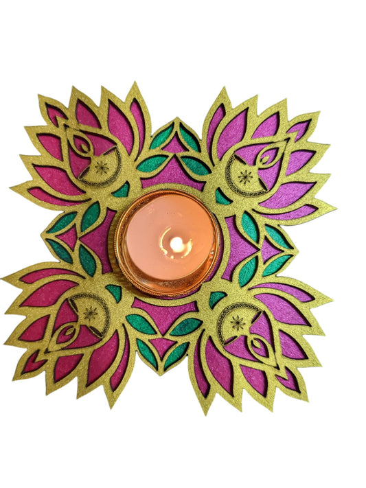 Hand-painted wooden lotus tealight holders in pink, green and gold