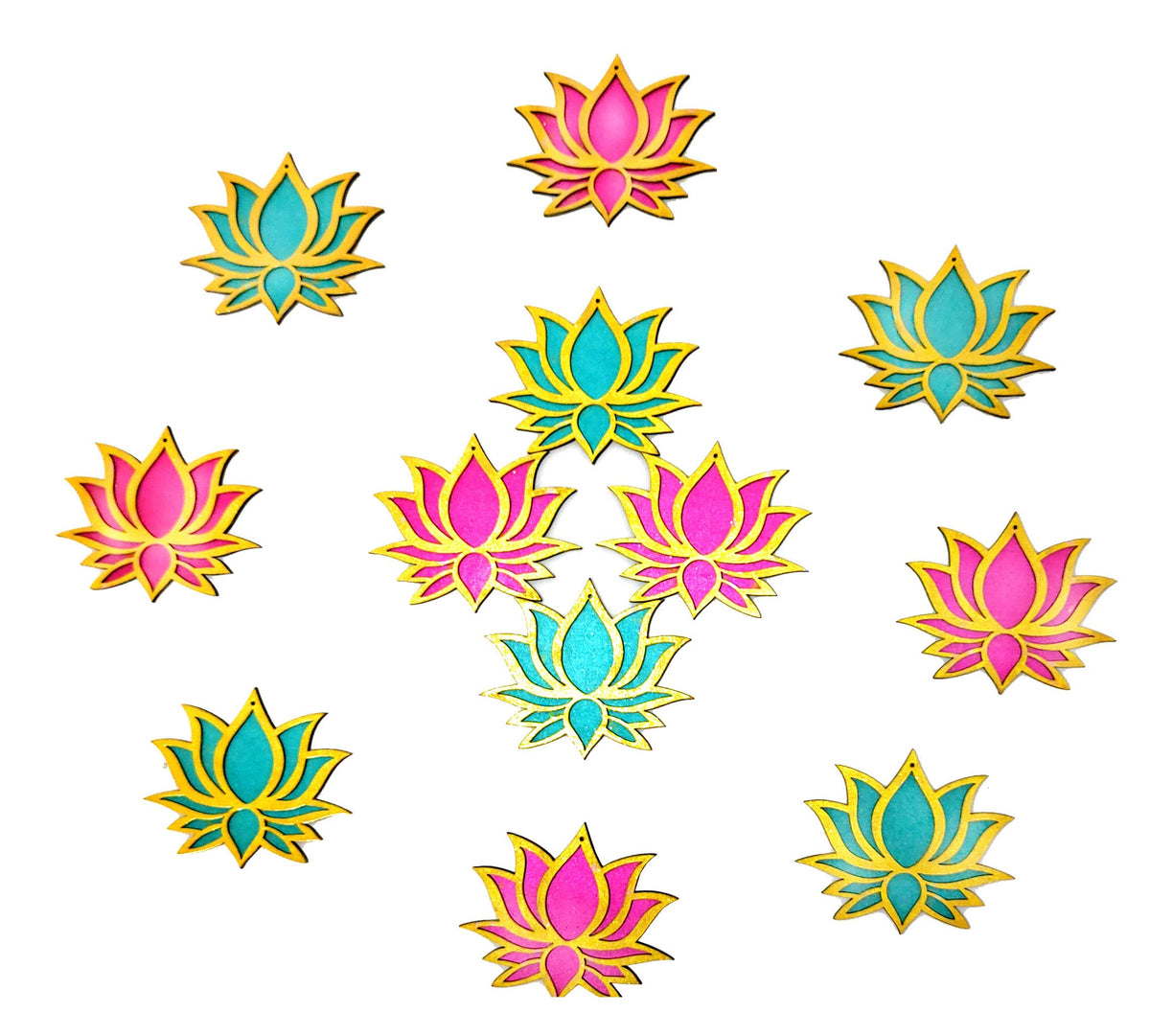 Golden-Framed Wooden Lotus Cutouts – 12 Pieces, 6 Rose Pink & 6 Ocean Blue