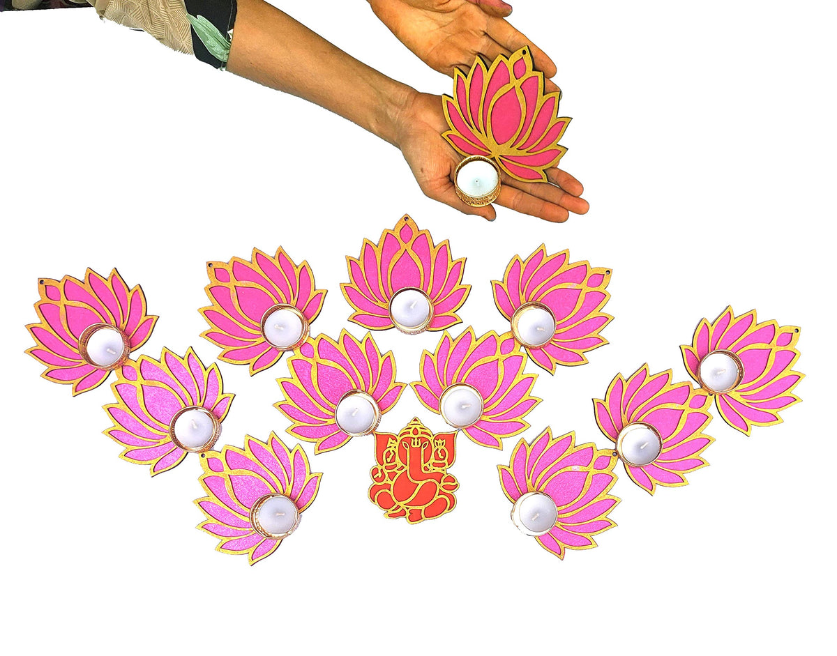 Golden & Pink Wooden Lotus Cutouts with Diya Holders – Set of 12