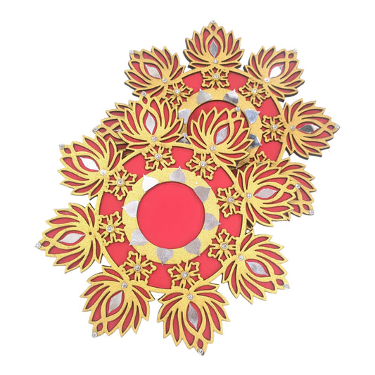 Hand-painted wooden lotus tealight plates with mirror work and golden watis