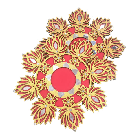 StepsToDo Hand-Painted Wooden Lotus Tealight Candle Holder Plate Set of 2 | Mirror-Decorated | 2 Plates with 2 Golden Watis & 2 Tealight Candles | Reusable Festive Decor for Diwali & Weddings