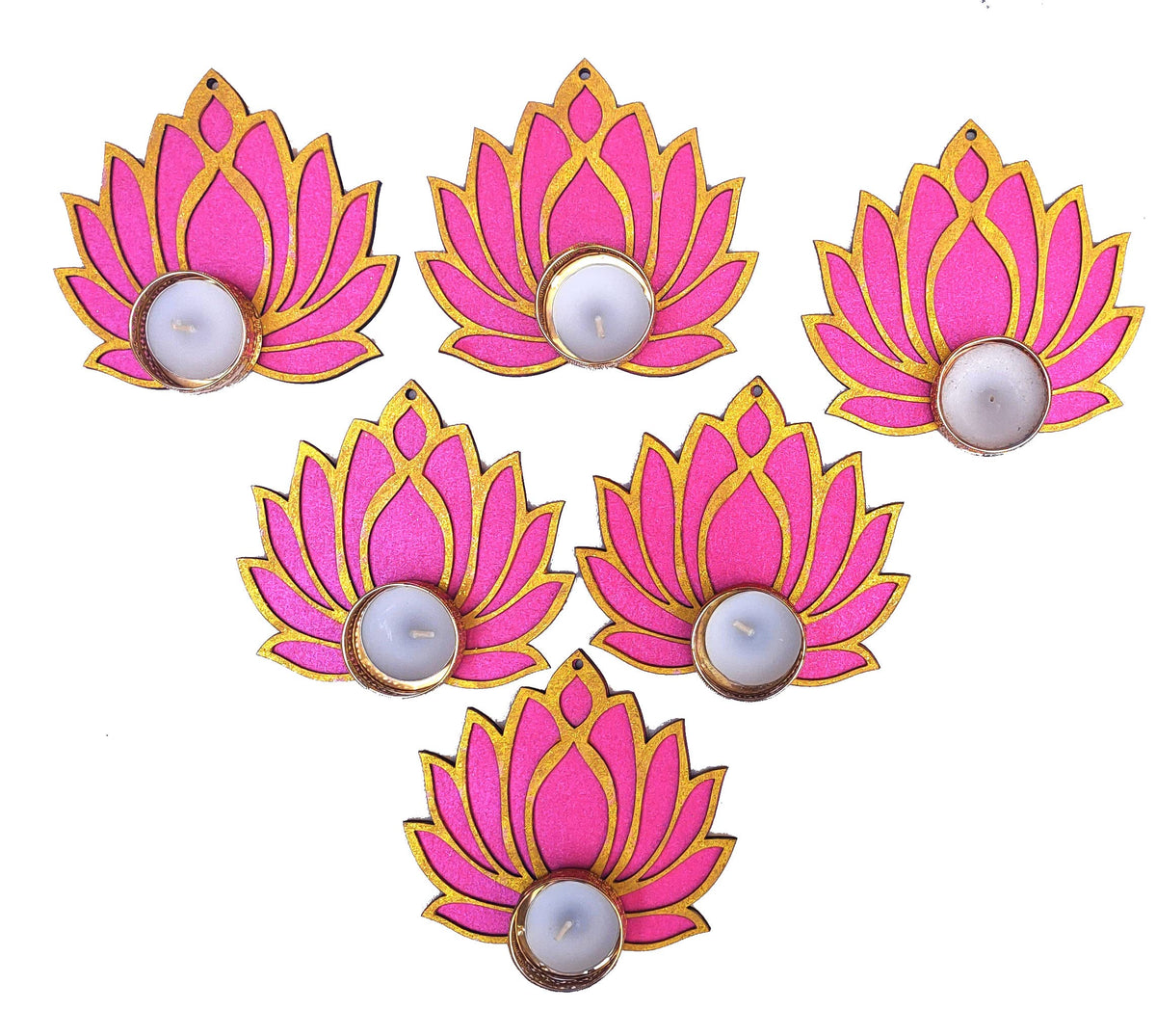 Golden & Pink Wooden Lotus Cutouts with Diya Holders – Set of 12