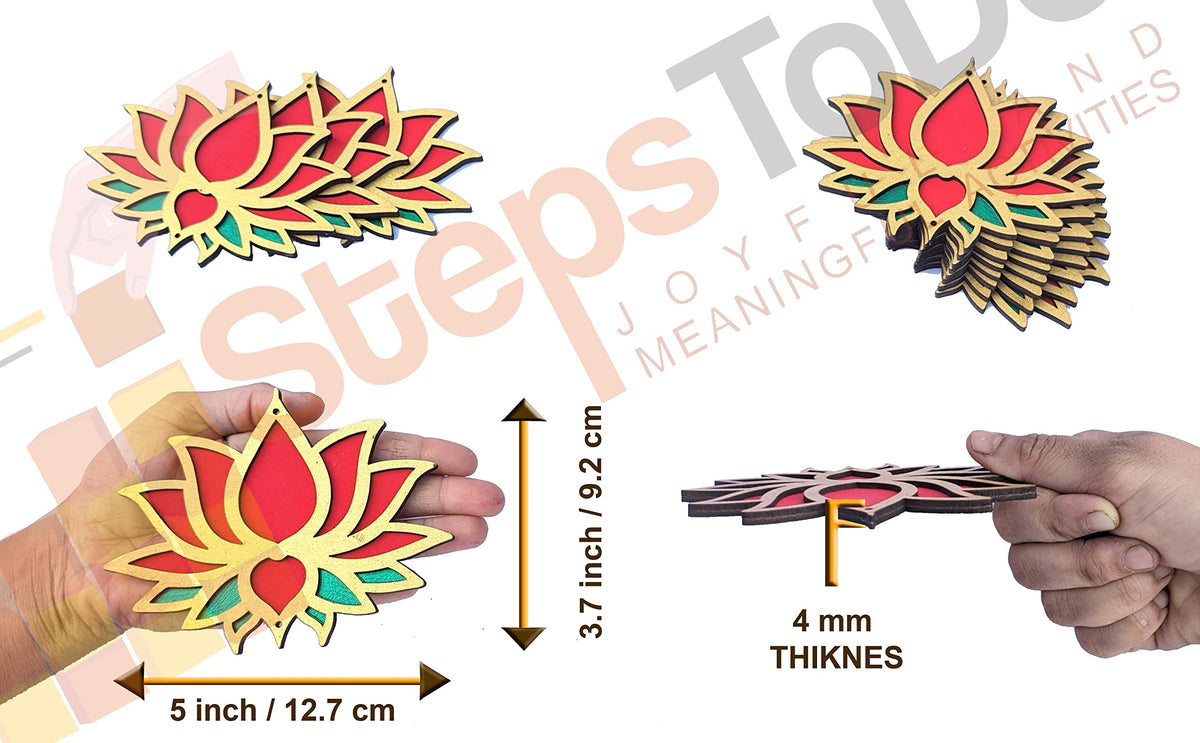 Wooden Lotus Cutouts – Set of 12, Golden, Bright Red & Green