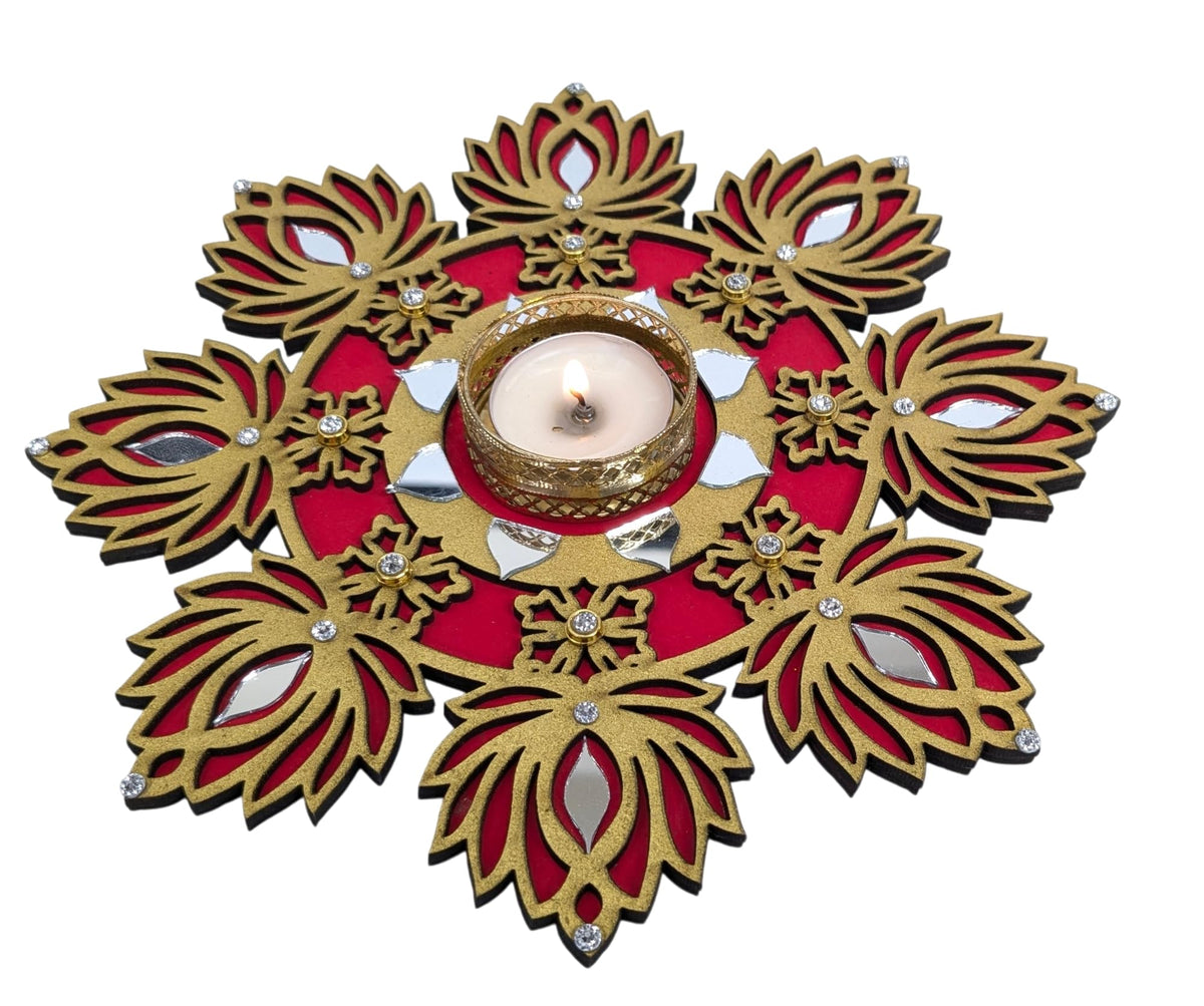 Wooden Lotus Tealight Plates – Set of 2 with 2 Golden Watis & 2 Candles