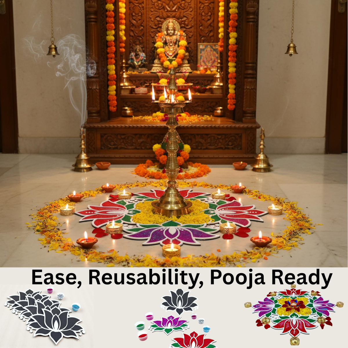 Floating Lotus Rangoli Mats – Set of 4, 10 × 8 Inch