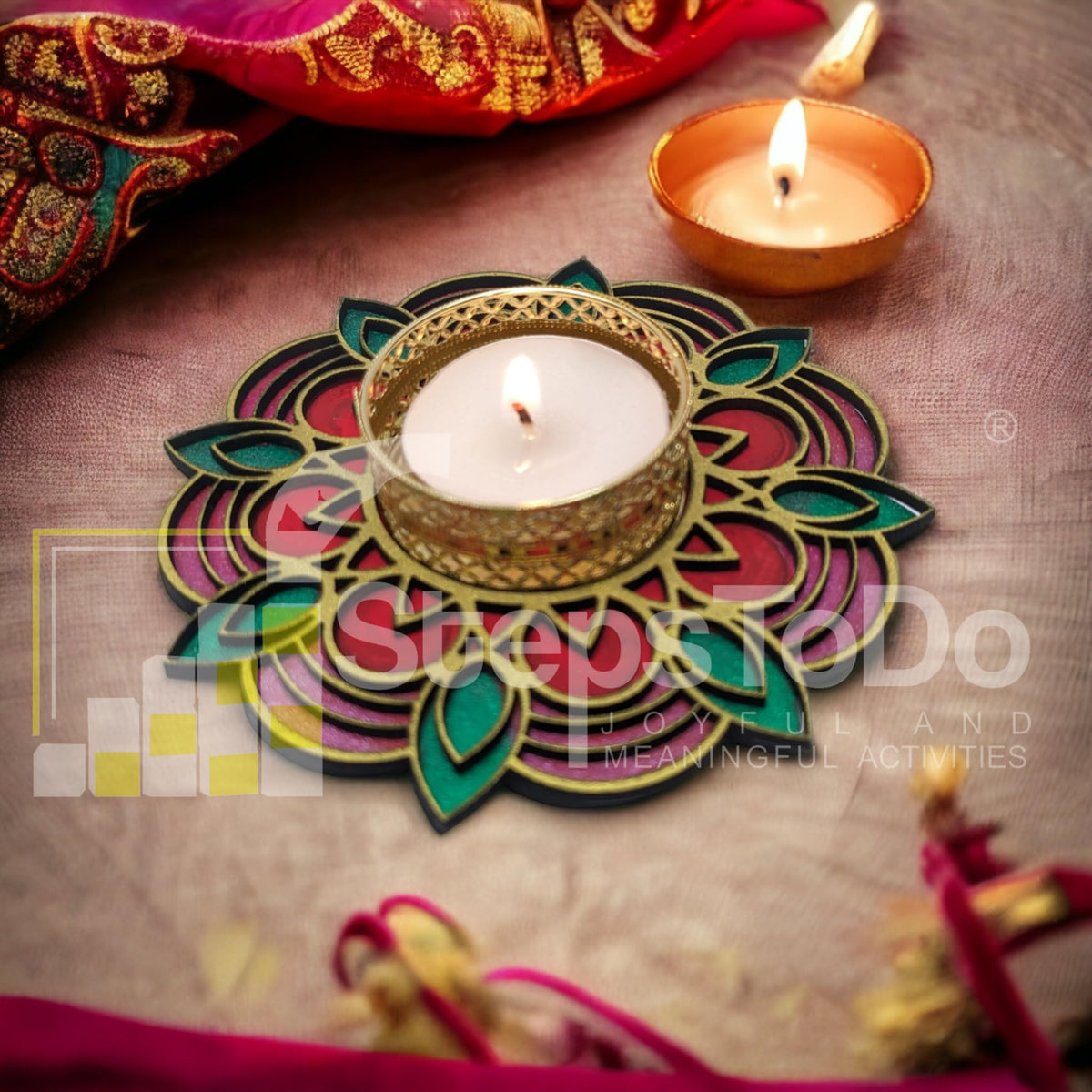 Hand-Painted Wooden Tealight Holder (Diya Stand) – Type 2, 4 Inch