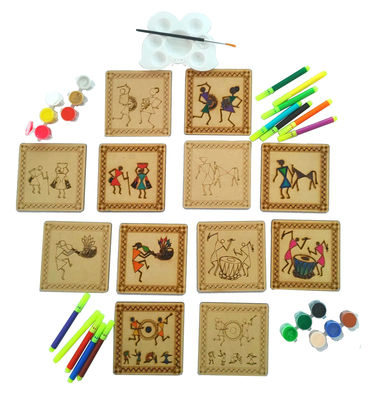 Warli Coaster Painting Kit A – 6 × 4-Inch Bases, Case, Pens & Paints