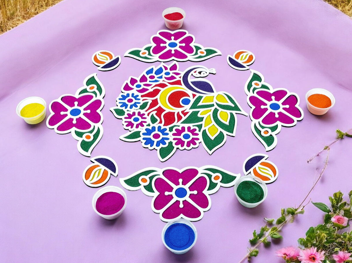 Floating Rangoli Set of 10 – Peacock, Borders, Diyas & Flower Mats (Reusable)