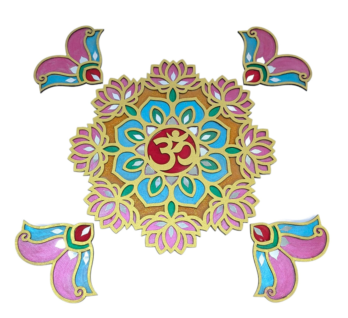 Ready-to-Use Wooden Rangoli Mat with Mirror Work – T438_D