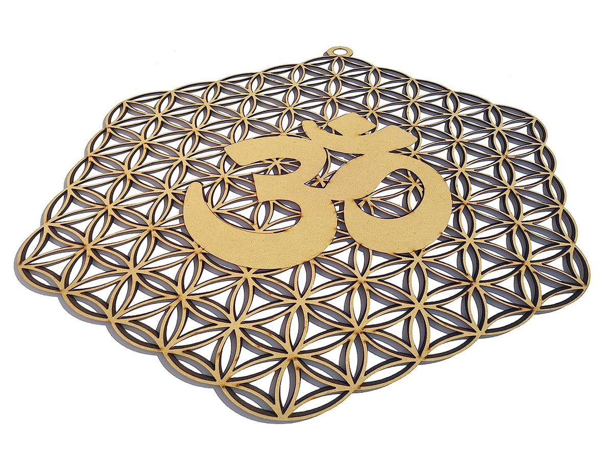 Flower of Life with OM – Hand-Painted Wooden Wall Art