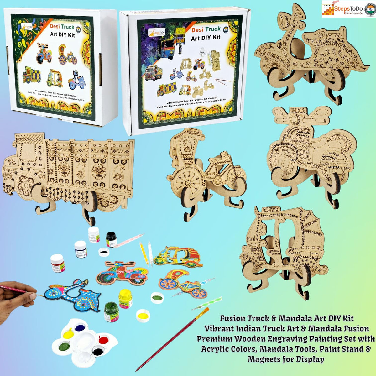 Mandala & Truck Art Fridge Magnet Kit – 5 Wooden Cutouts, Paints, Tools & Stand