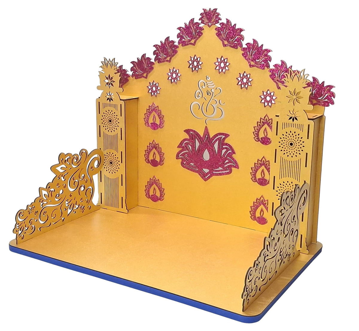 Golden Ganpati Makhar with Glitter Lotus Wooden Singhasan