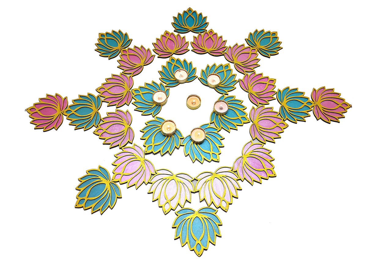 Wooden Lotus Cutouts – Set of 6, Golden & Ocean Blue