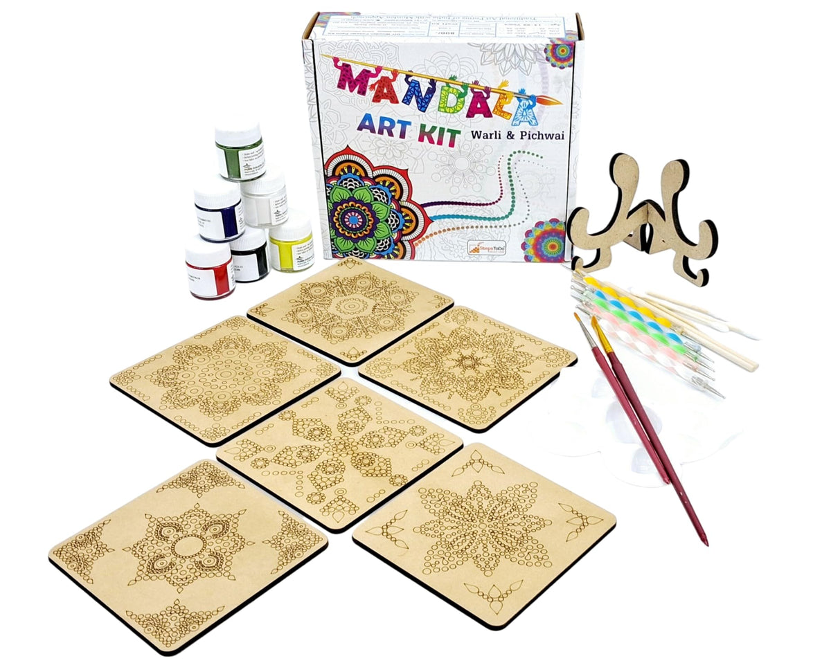 Dot mandala coaster kit H with square MDF coasters