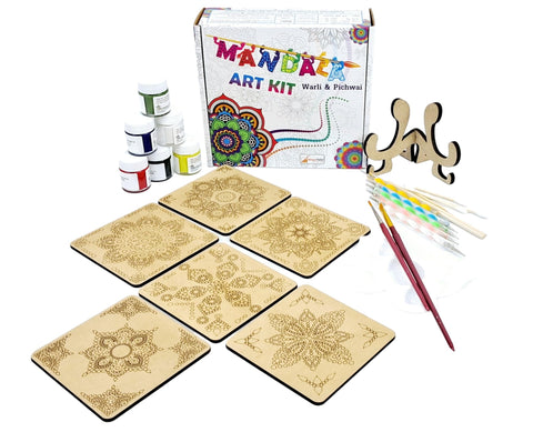 StepsToDo Wooden Dot Mandalas Paint Kit (H) – DIY Tea Coaster Set with Holder | 6 Square MDF Coasters, Acrylic Colours, Dotting Tools, Brushes & Stand | Mandala Art Kit for Beginners & Artists