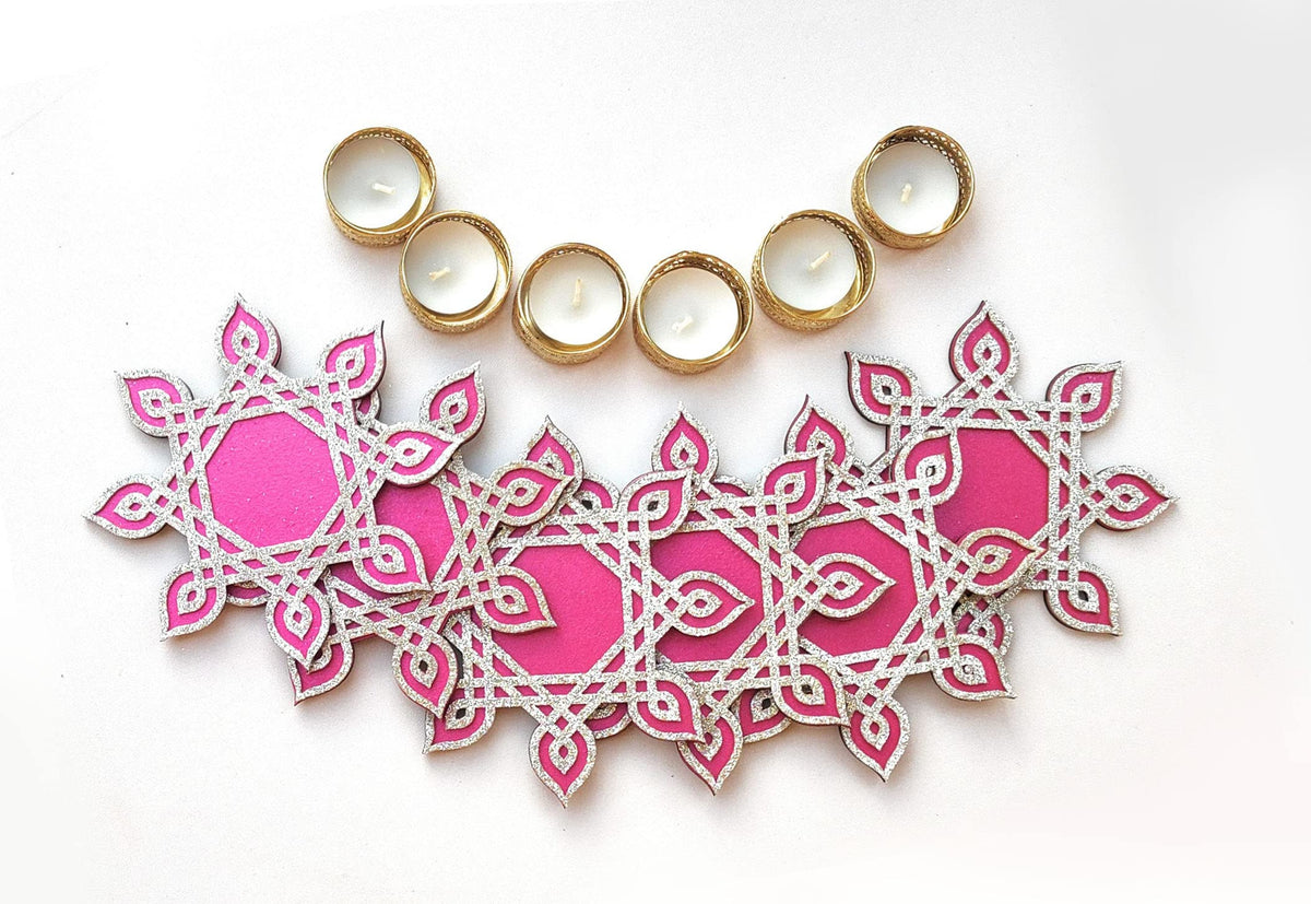 Kolam/Muggu Rangoli Border with Tealight Candle & Golden Holder – Sets of 6 to 24
