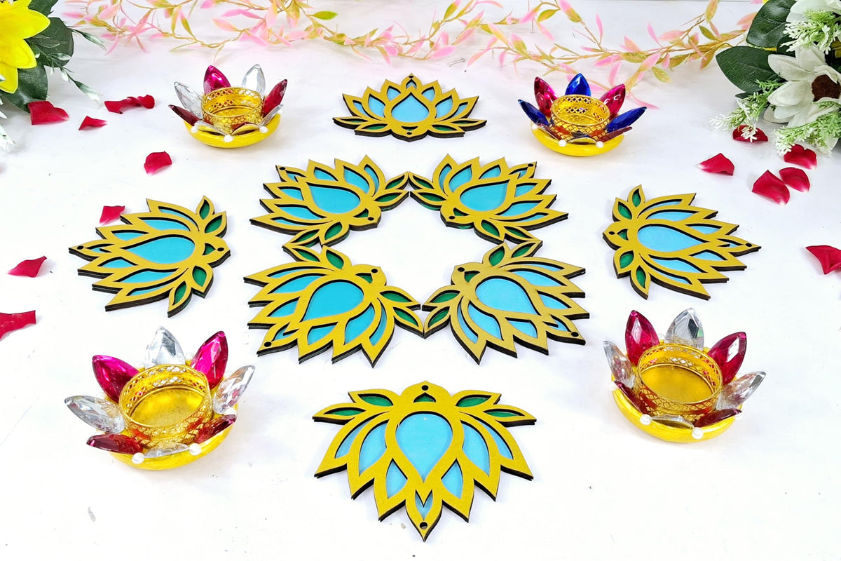 Wooden Lotus Cutouts – Set of 12, Golden with Choice of Colour
