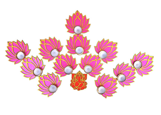 Golden and pink wooden lotus cutouts with diya holders, set of 12