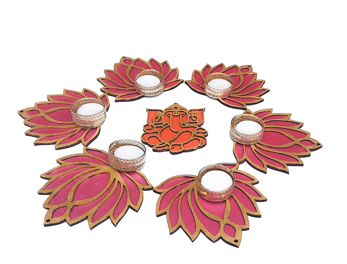 Golden & Pink Wooden Lotus Cutouts with Diya Holders – Set of 12