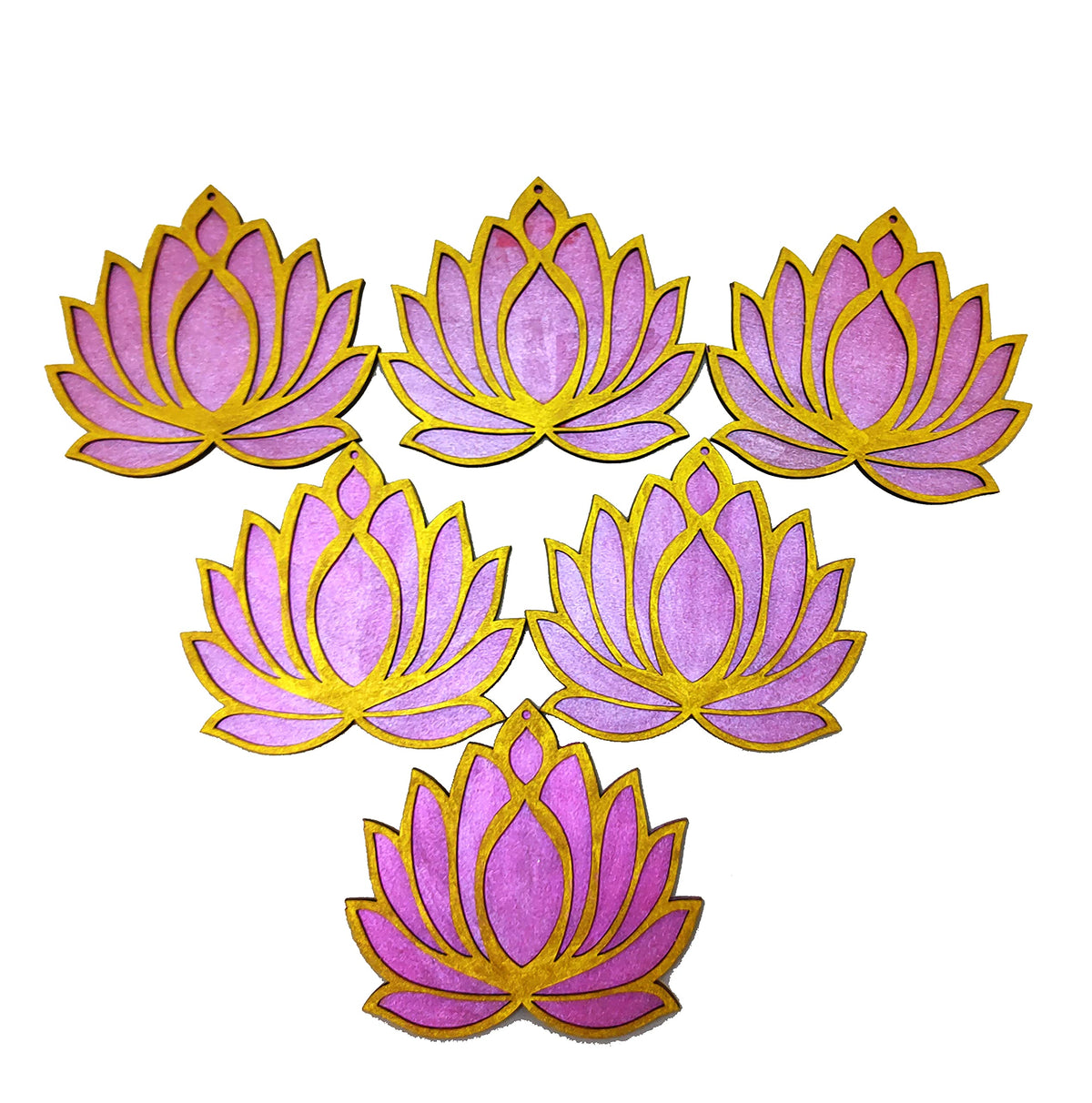 Wooden Lotus Cutouts – Set of 6, Golden & Rose Pink