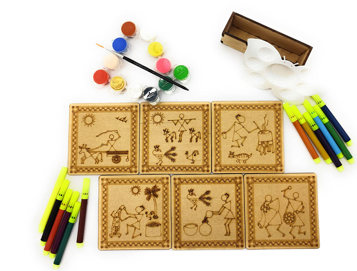 Warli Coaster Painting Kit B – 6 × 4-Inch Bases, Case, Pens & Paints