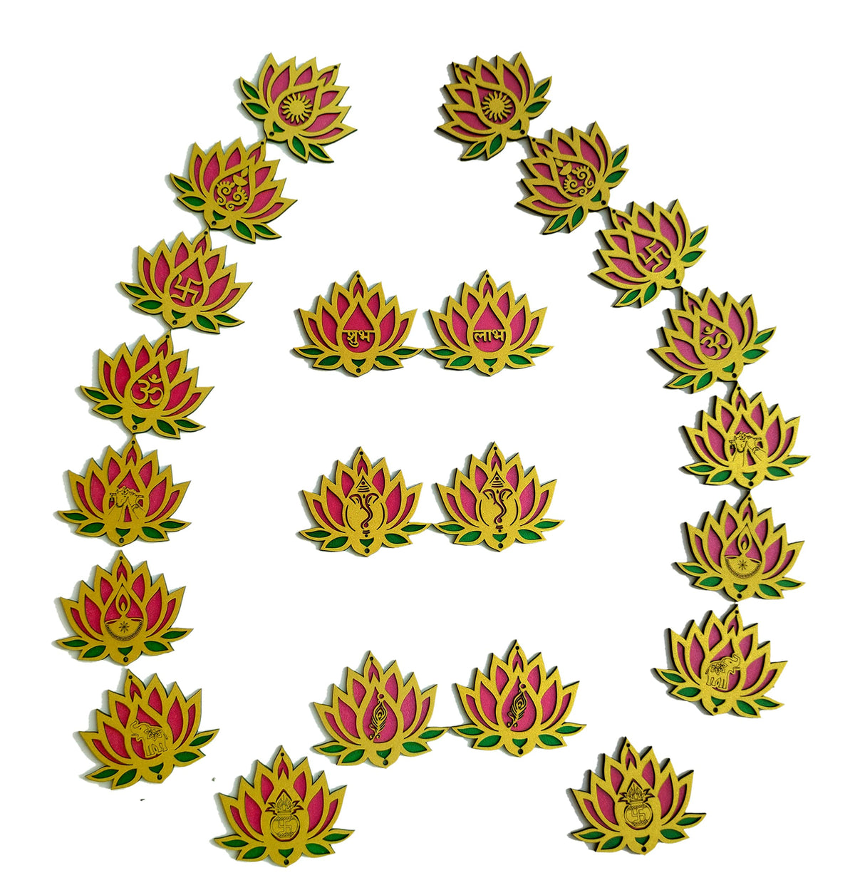 Designer Lotus Décor – Set of 22, 4 Inch, Pink, Green & Golden