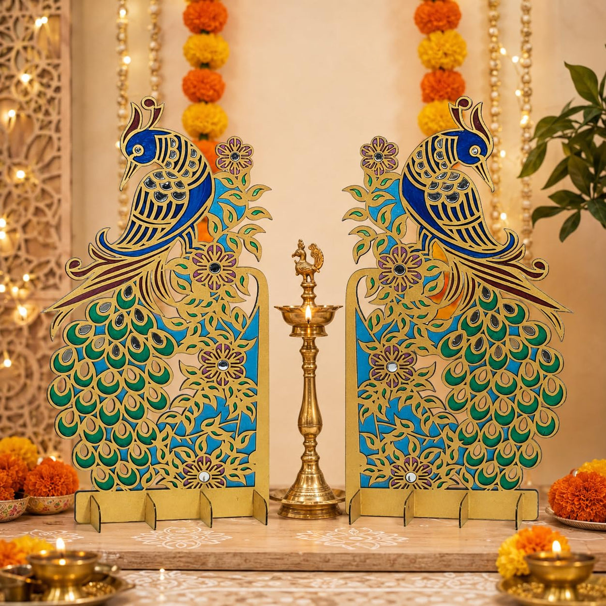 Hand-Painted Peacock Stands with Mirror Work – Pair