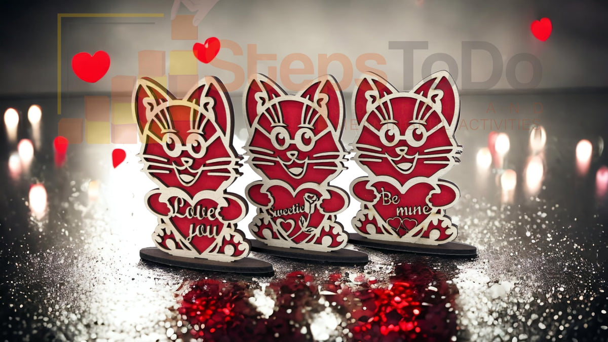 Love You Kitty Wooden Standees – Set of 3, Red & Unfinished Birch
