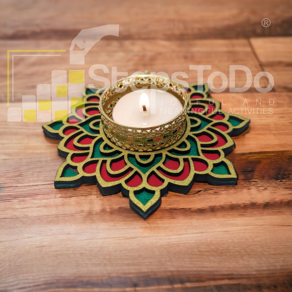 Hand-Painted Wooden Tealight Holder (Diya Stand) – Type 1, 4 Inch