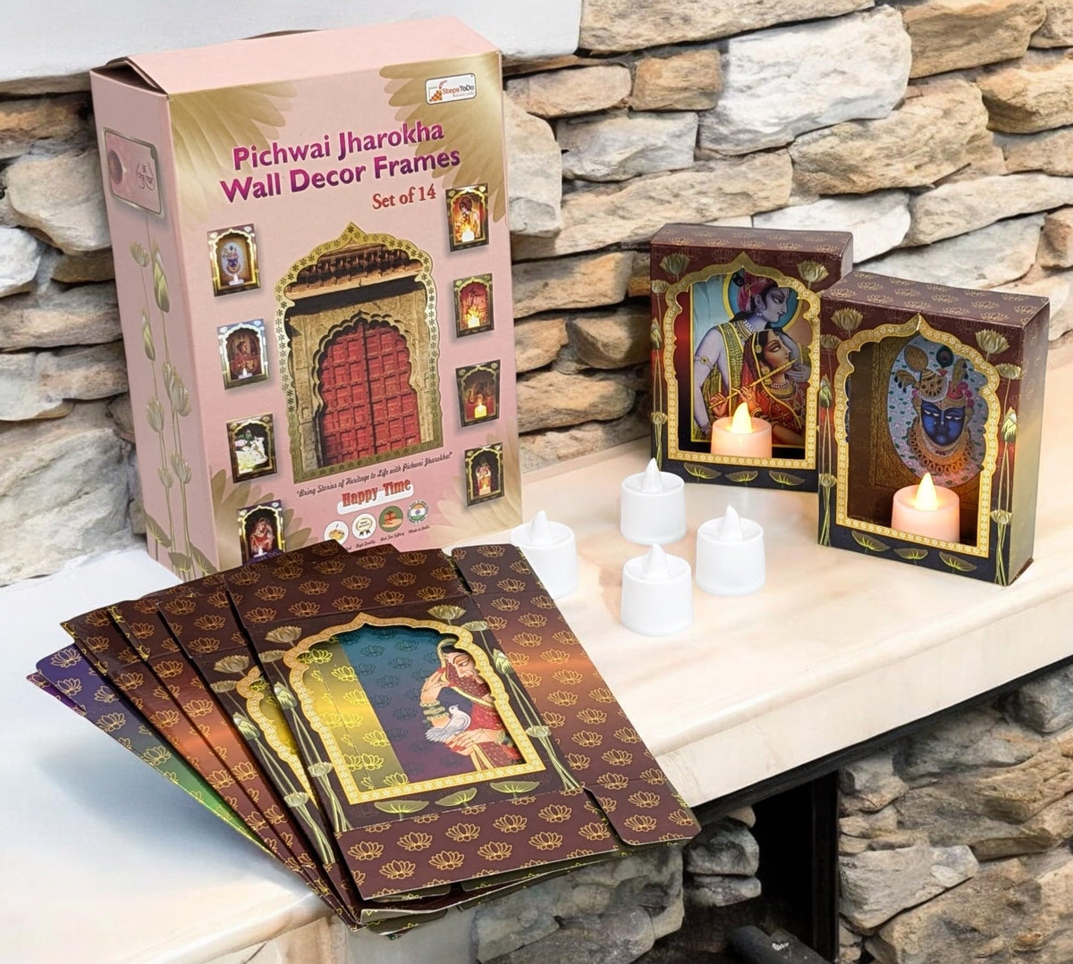 Pichwai Jharokha Wall Décor Box Frames with LED Candle – Pack of 16