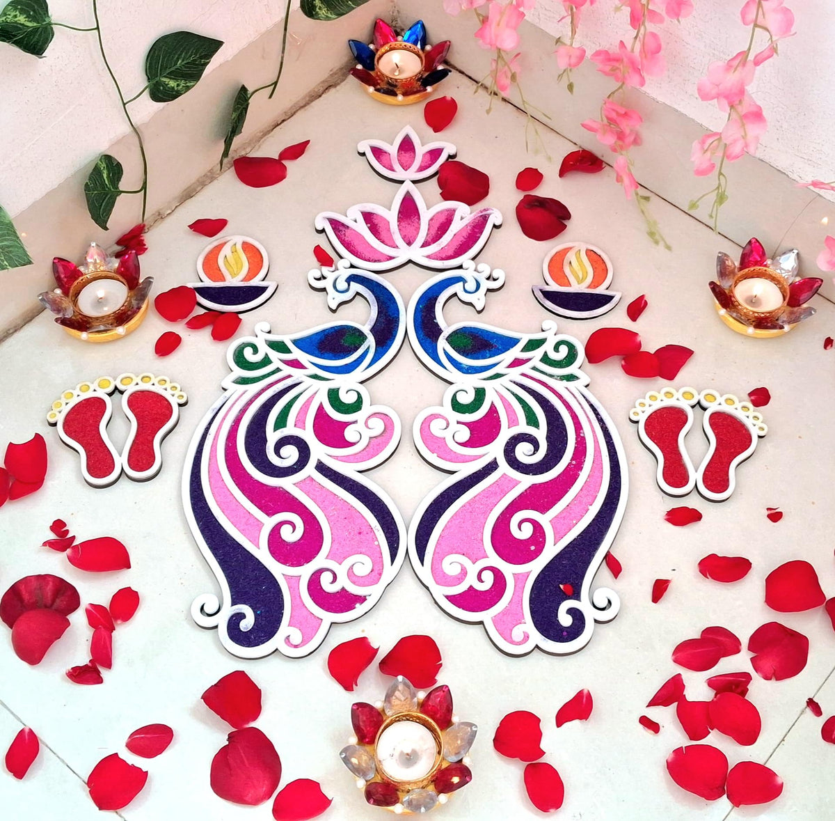 Floating Rangoli Set of 8 – Peacocks, Lotus, Diyas & Laxmi Foot Mats (Reusable)