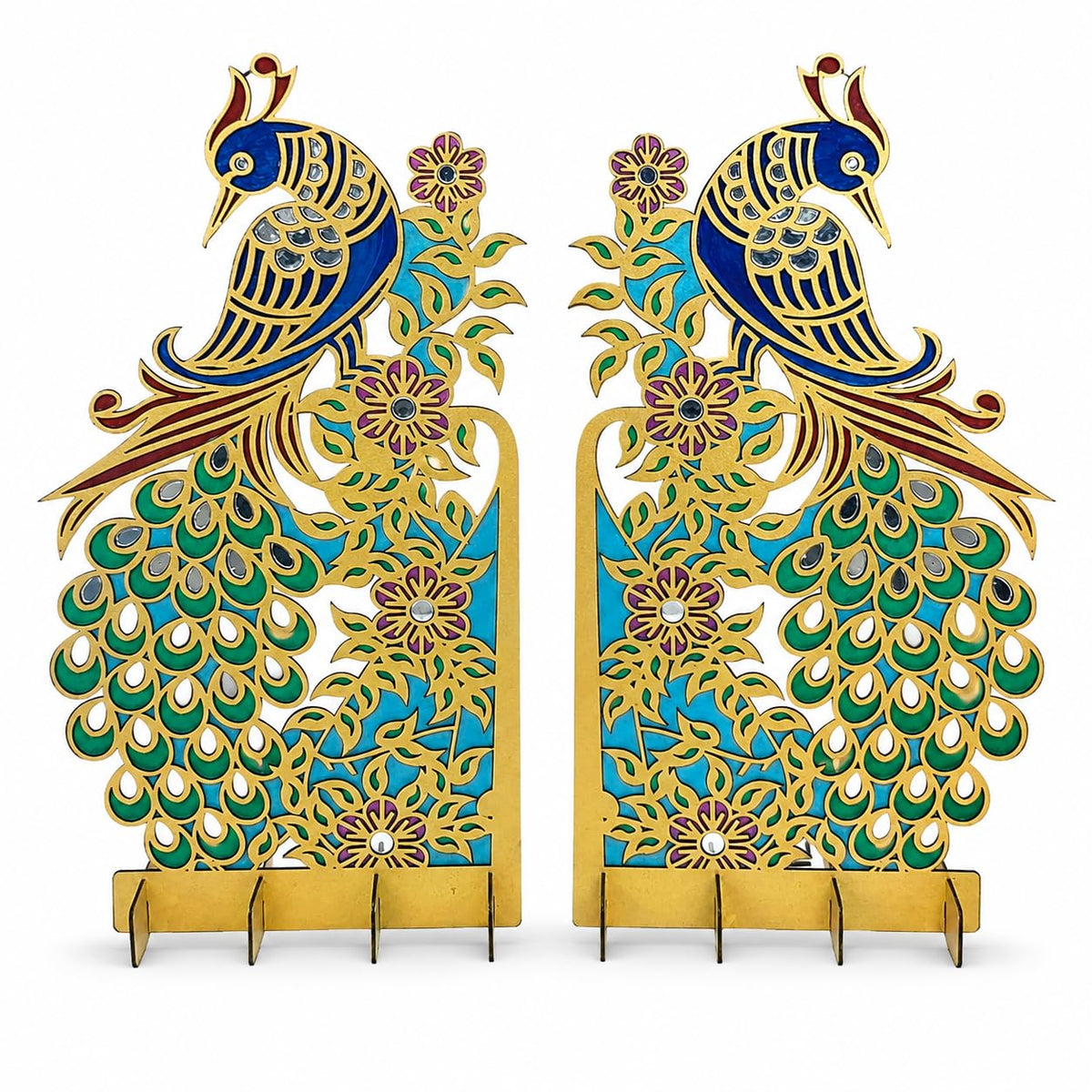 Hand-Painted Peacock Stands with Mirror Work – Pair