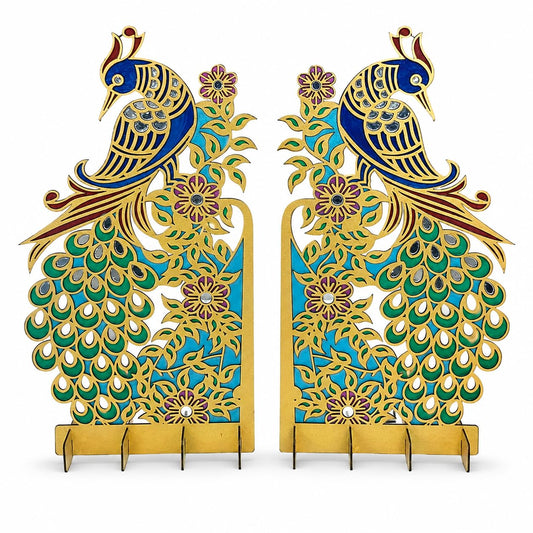 Pair of hand-painted wooden peacock stands with mirror work