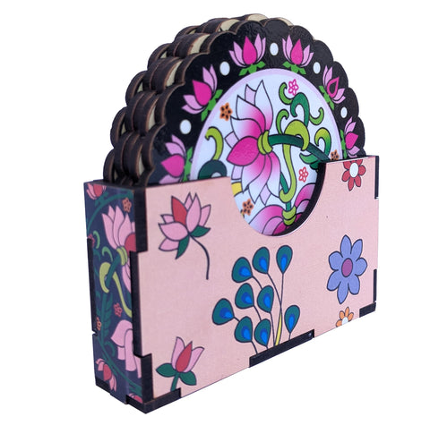StepsToDo Set of 6 Wooden Pitchwai Art Printed Coasters with Holder – High-Definition Tea Coasters for Tabletop Décor. Coasters Set of 6.