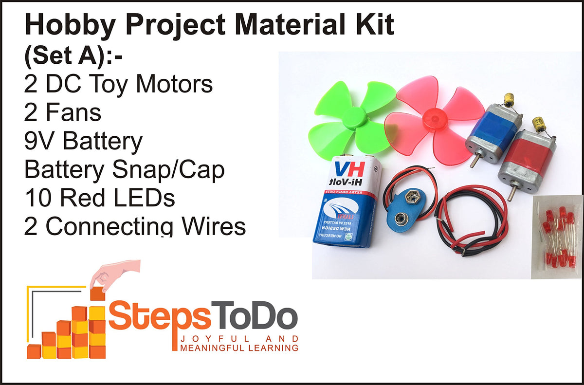 Hobby Kit A – 2 DC Motors, 2 Fans, Battery Snapper & 10 Red LEDs