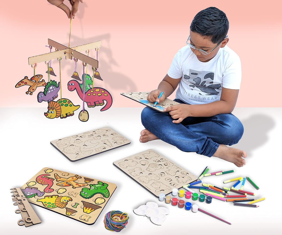 Wooden Painting & Puzzle Kit – 4 Boards: Pets, Sea Life, Dinosaurs & Space