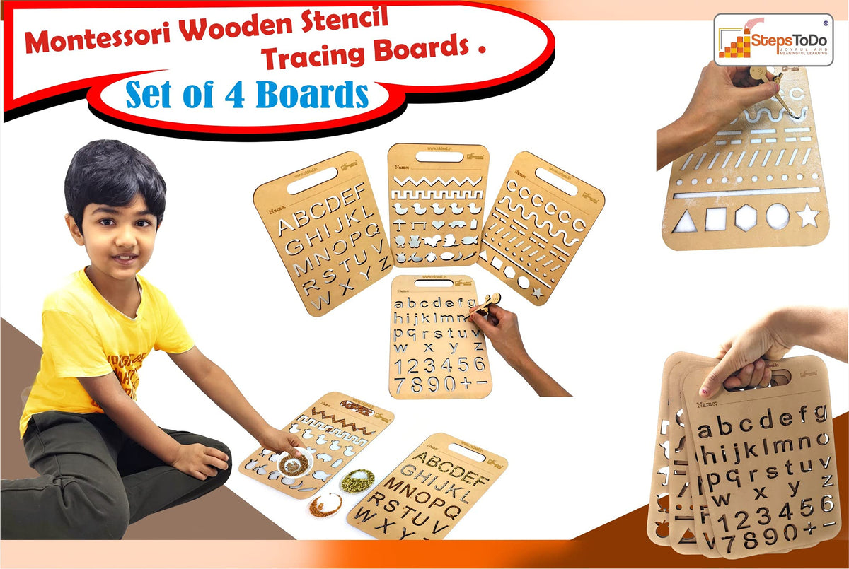 Wooden Tracing Boards – Set of 4, Letters, Numbers, Shapes & Patterns