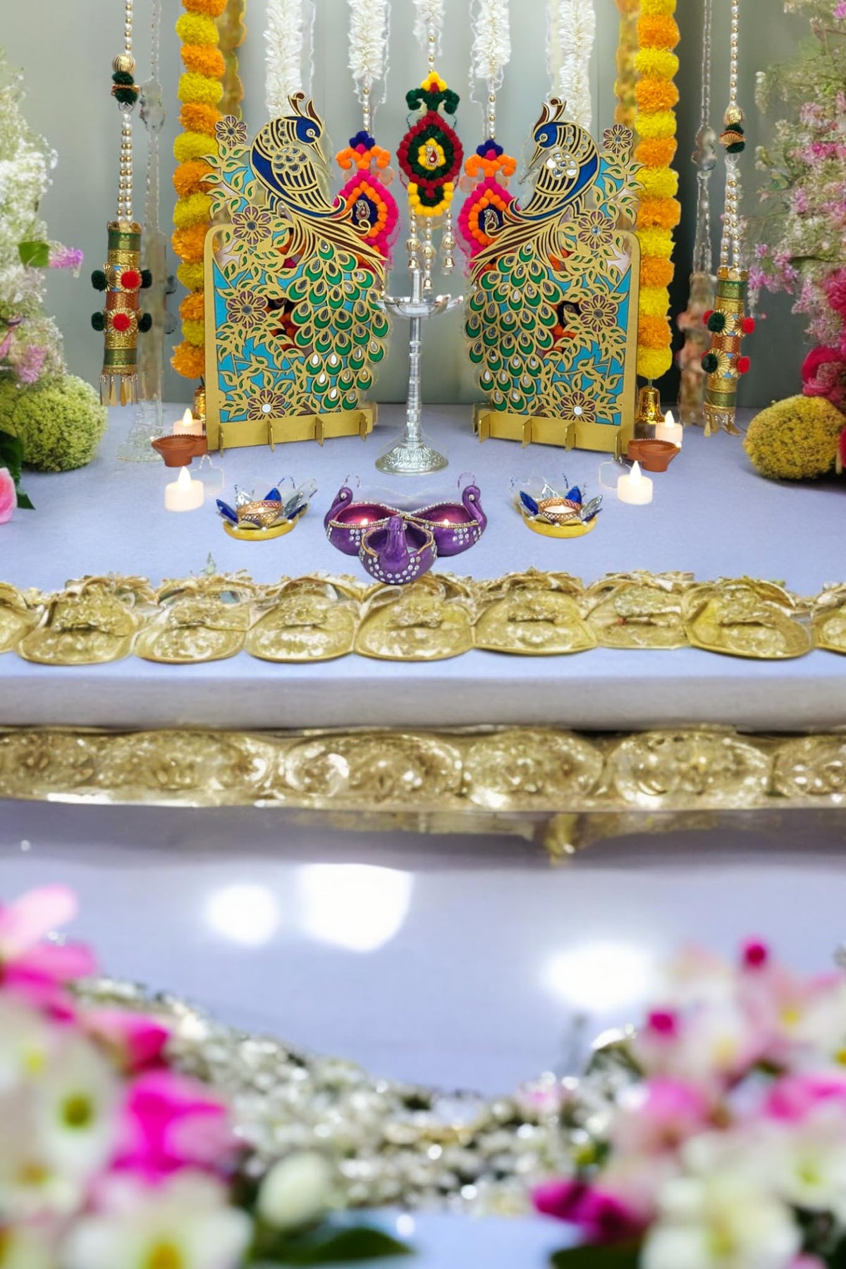 Hand-Painted Peacock Stands with Mirror Work – Pair