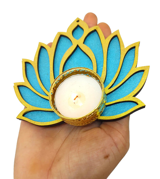Set of 6 wooden lotus cutouts in golden and ocean blue