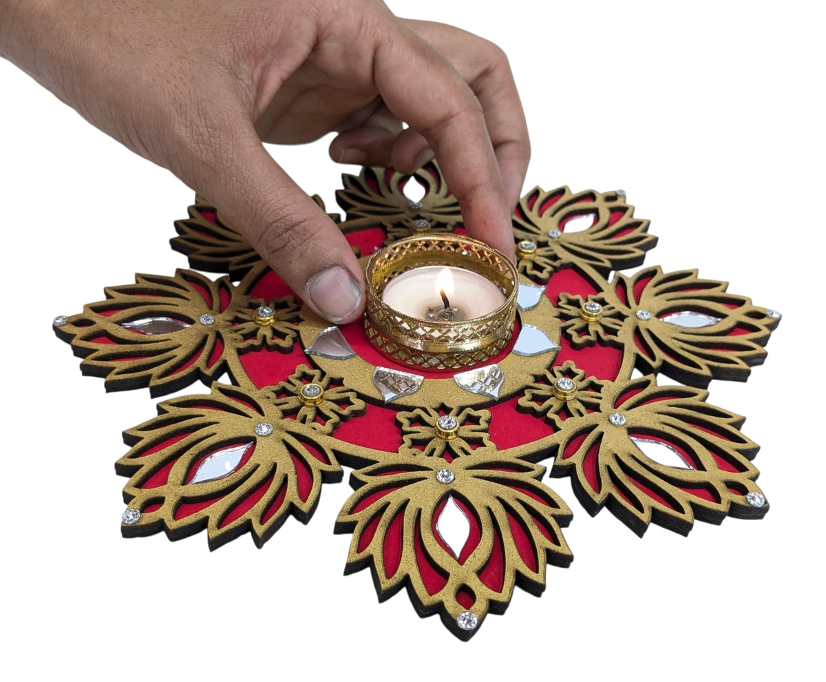 Wooden Lotus Tealight Plates – Set of 2 with 2 Golden Watis & 2 Candles