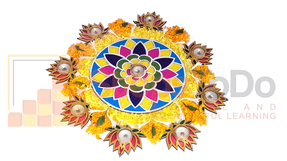 Wooden Lotus Cutouts – Set of 12, Golden, Rose Pink & Green