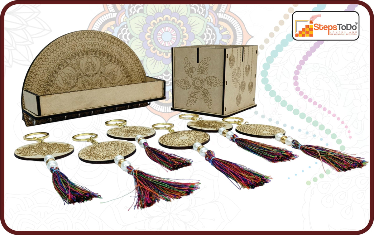 Dot Mandala Painting Kit – 8 Pieces: 6 Keychains, 10-Hook Holder & Organiser