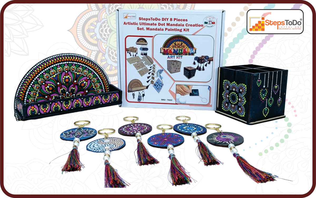 Dot Mandala Painting Kit – 8 Pieces: 6 Keychains, 10-Hook Holder & Organiser