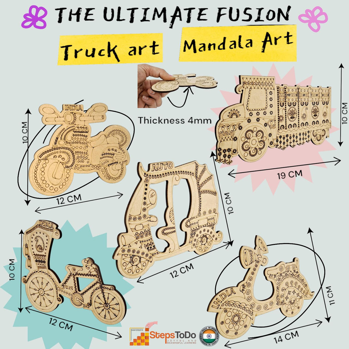 Mandala & Truck Art Fridge Magnet Kit – 5 Wooden Cutouts, Paints, Tools & Stand