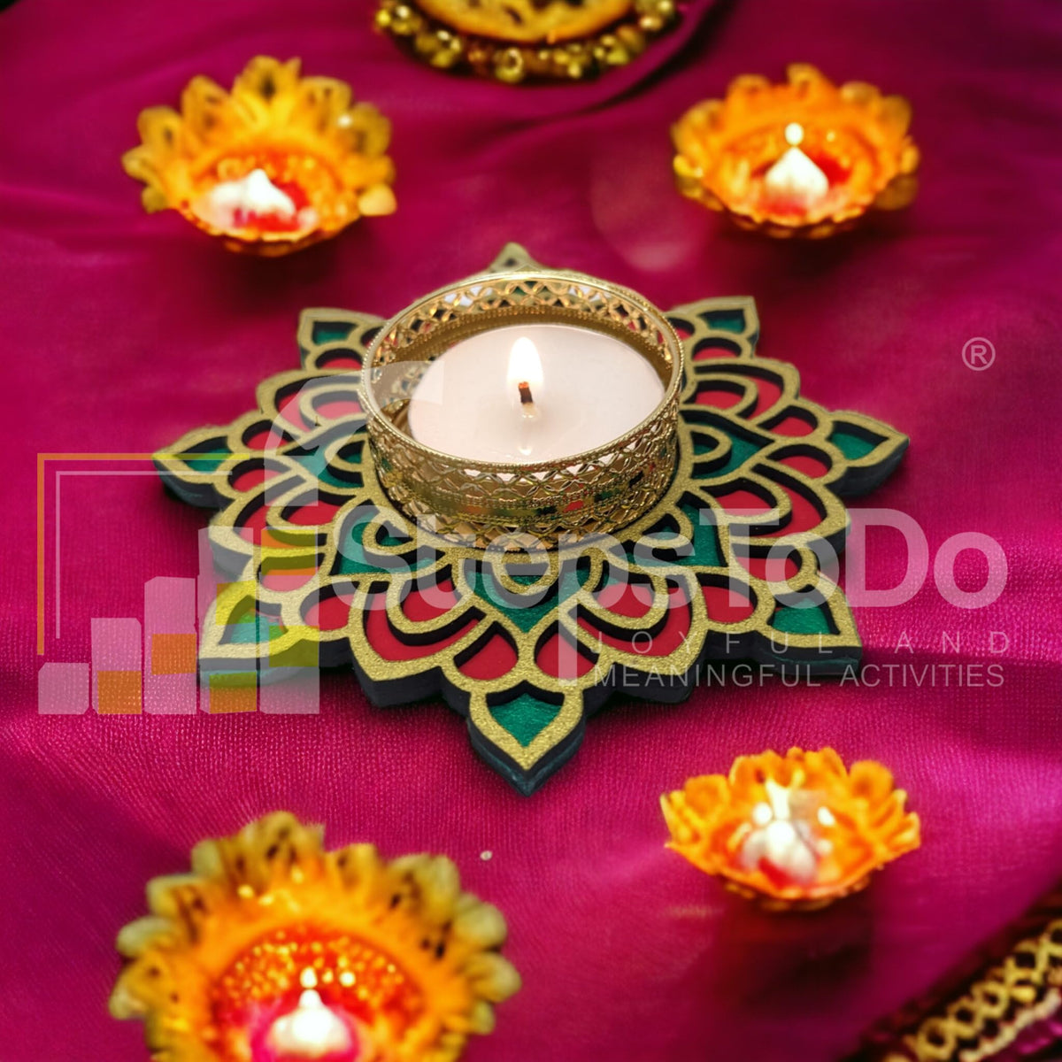 Hand-Painted Wooden Tealight Holder (Diya Stand) – Type 1, 4 Inch
