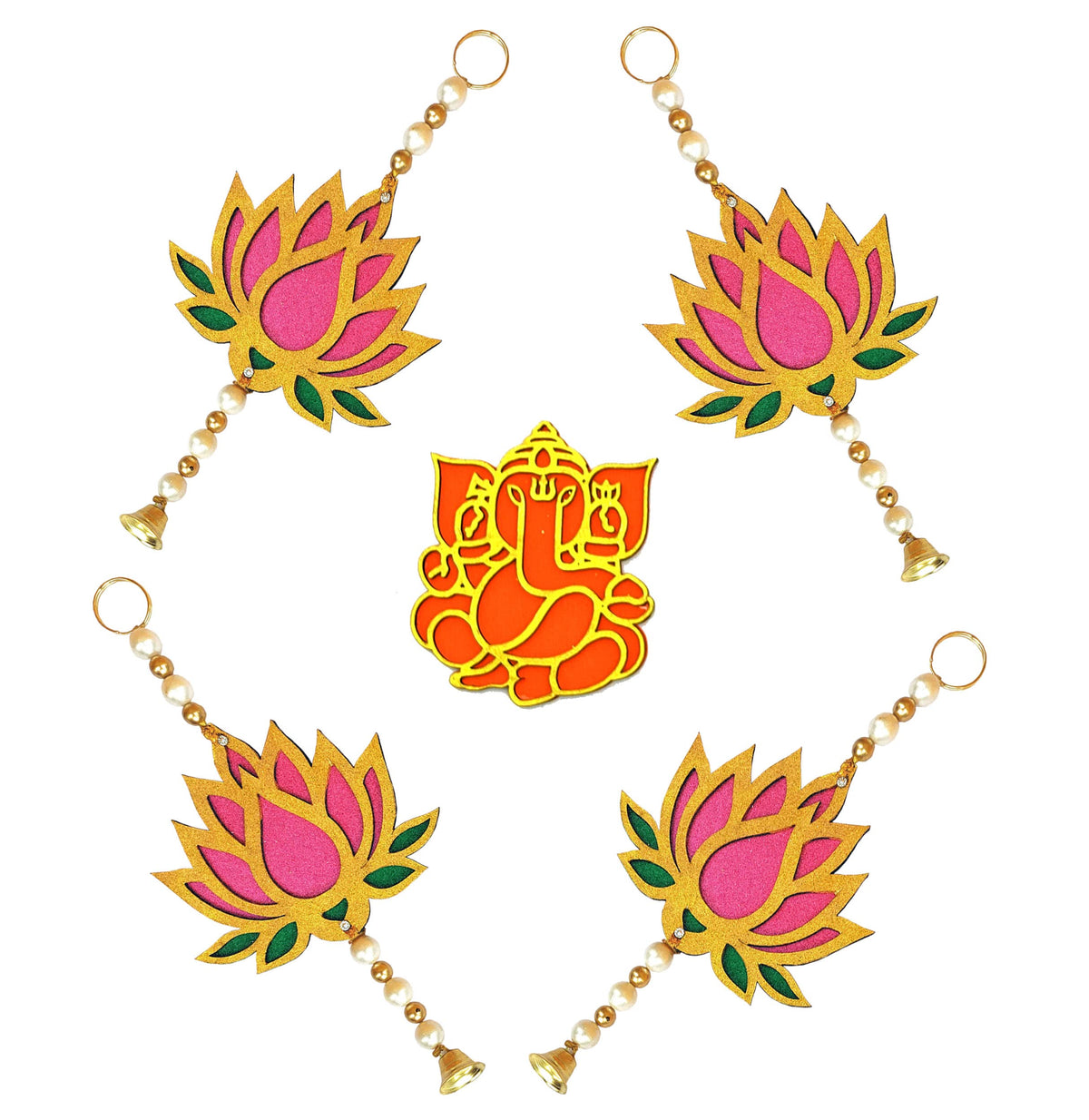 Hand-Painted Wooden Lotus Hangings – Pink & Green (Sets of 6 to 24)