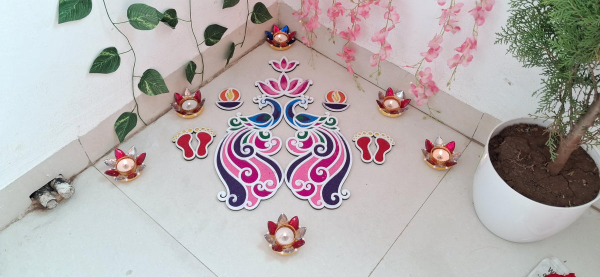 Floating Rangoli Set of 8 – Peacocks, Lotus, Diyas & Laxmi Foot Mats (Reusable)