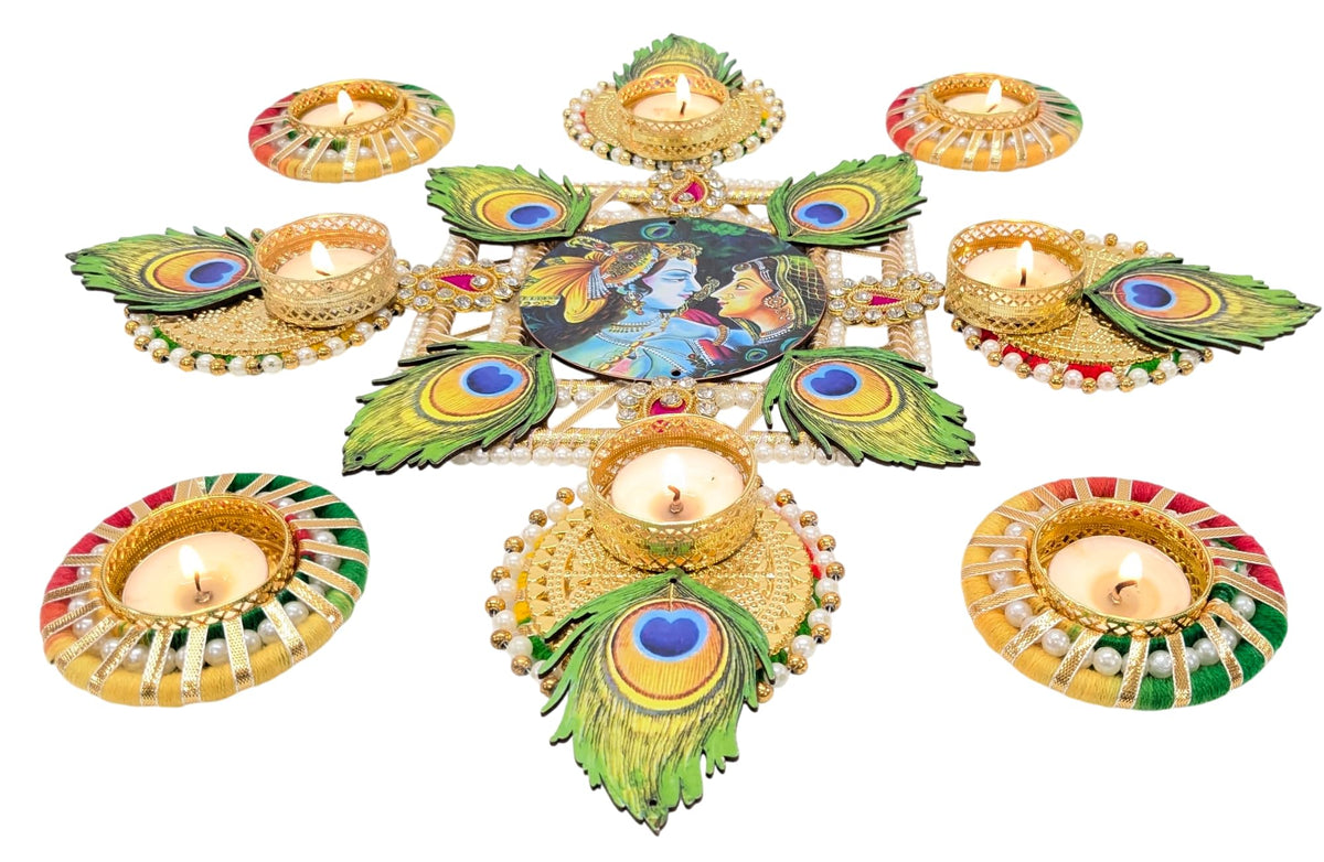 Radha Krishna MDF Rangoli Set with Peacock Feather & Tealights – 9 Pieces