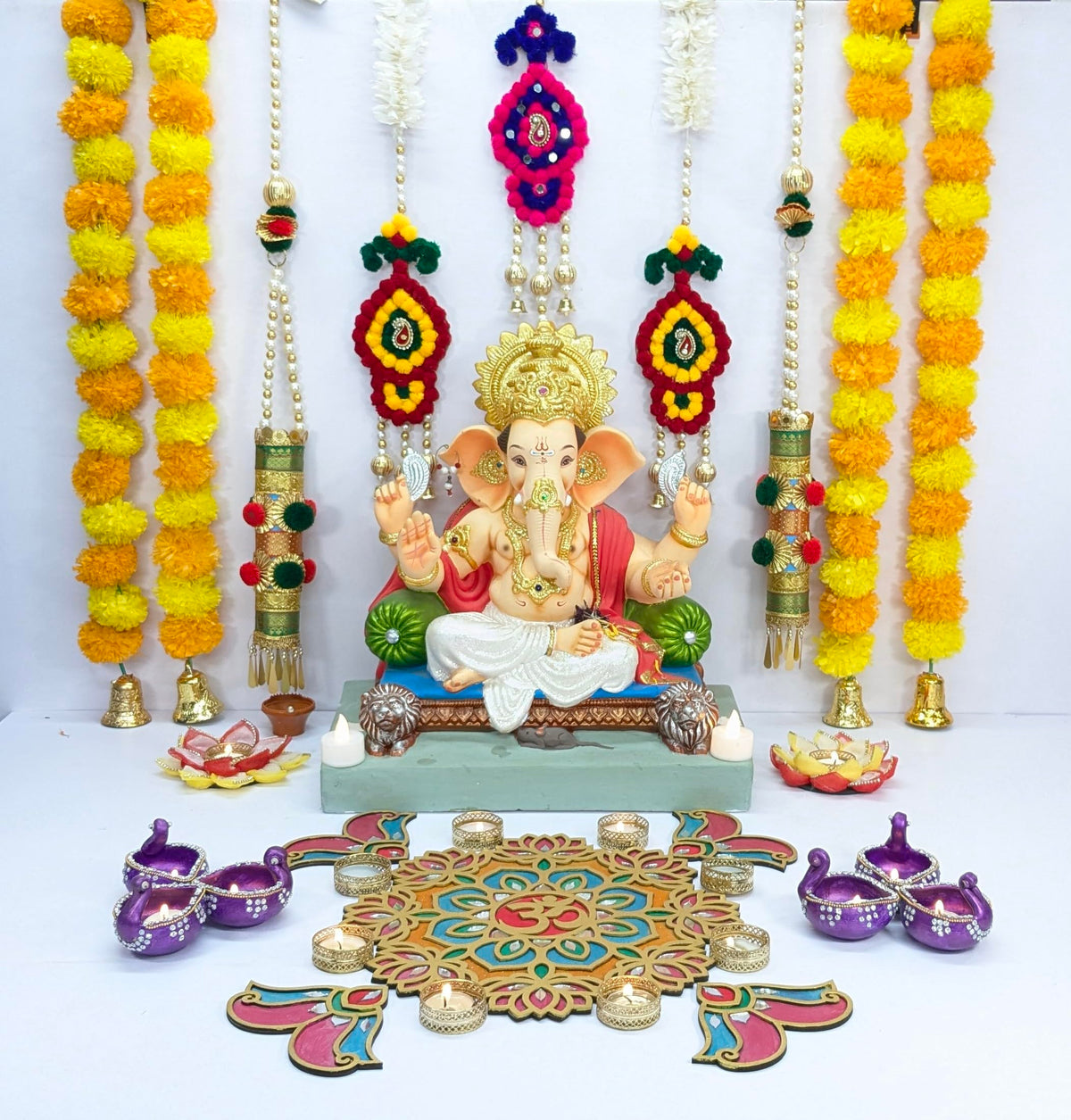 Ready-to-Use Wooden Rangoli Mat with Mirror Work – T438_D